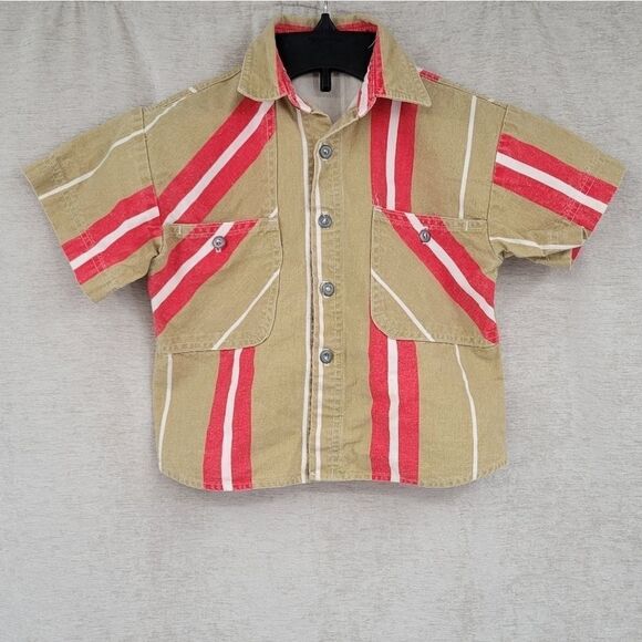 FRESH Squeeze Boys 4 Vintage Red and Tan Stripe Button Down Grandpa-Core - Picture 1 of 8
